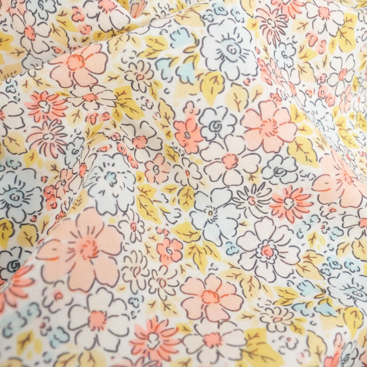 Lula Blue and Pink Printed Cotton Scarf with Khaki Background - Maison Klem